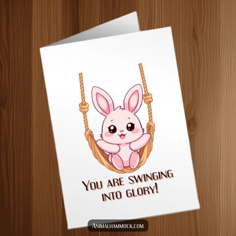 Funny Free Printable Congratulations Card: Fluffy pink bunny with big eyes swinging on a hammock. Downloadable chill gift.