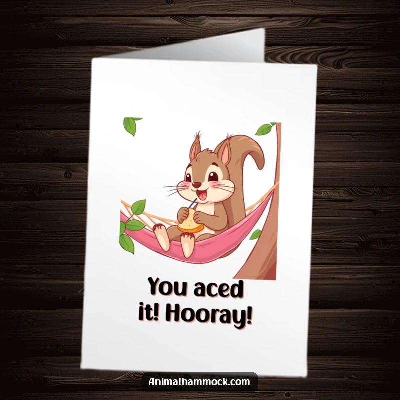 Funny Free Printable Congratulations Card showing an excited squirrel enjoying a snack while relaxing comfortably in a hammock.