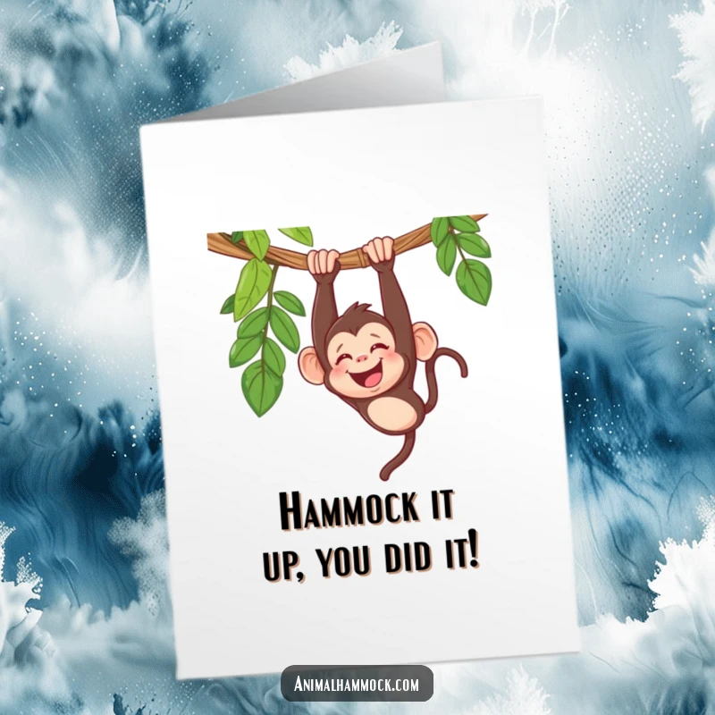 Funny Free Printable Congratulations Card: Giggling monkey upside down in a hammock, celebrating success with contagious laughter and playful energy.