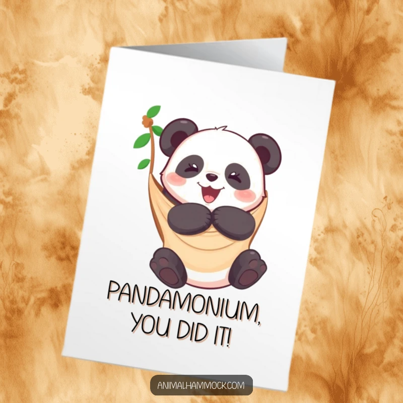 Funny Free Printable Congratulations Card: A happy panda embracing a hammock in a gesture of pure joy.