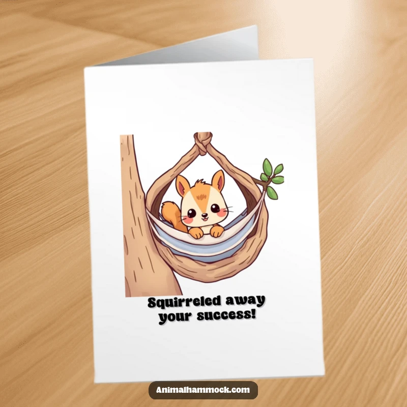 Funny Free Printable Congratulations Card: A curious squirrel peeking from its cozy nest hammock, celebrating success with wonder.