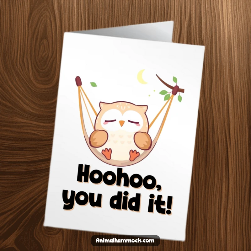 Funny Free Printable Congratulations Card: Round owl happily dreaming, floating peacefully in a hammock, humorous downloadable greeting.