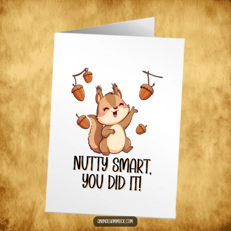 Funny free printable congratulations card showing a squirrel character skillfully juggling acorns while hanging, celebrating achievements.