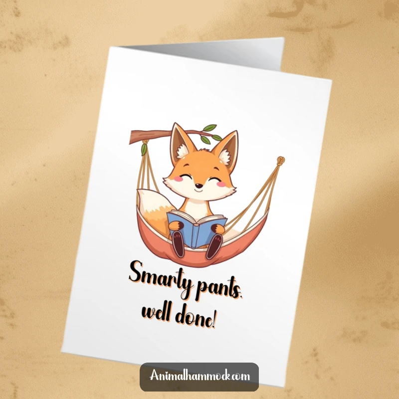 Funny Free Printable Congratulations Card: Relaxed smiling fox with long ears engrossed in a book on a hammock.