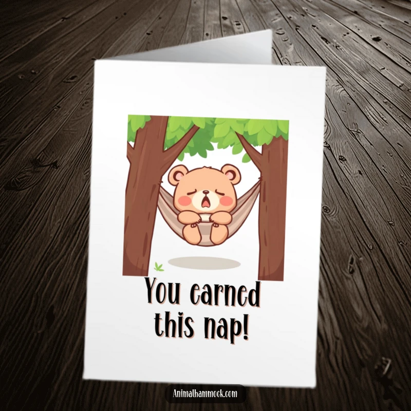 Funny Free Printable Congratulations Card: A yawning bear cub napping in a hammock, celebrating achievements with a peaceful, humorous vibe.