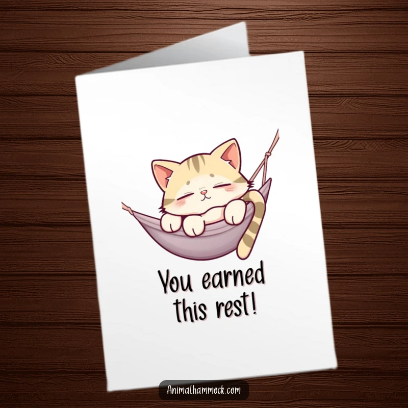 Funny Free Printable Congratulations Card showing a sleepy cat relaxing in a hammock, ideal for congratulating someone.