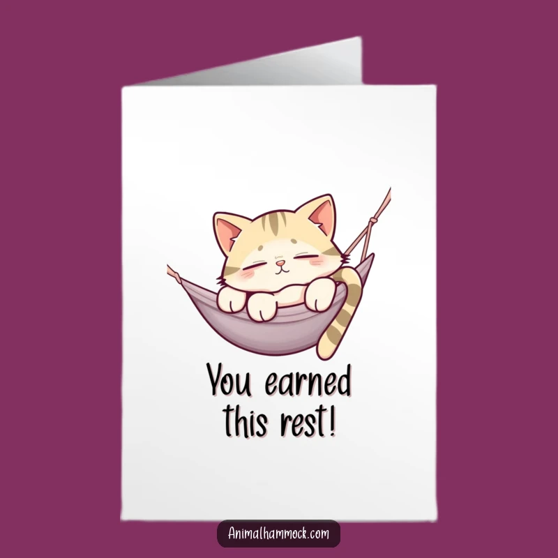 Free Printable Sleepy Cat Congratulations Card: Relaxing Hammock Humor DIY Downloadable