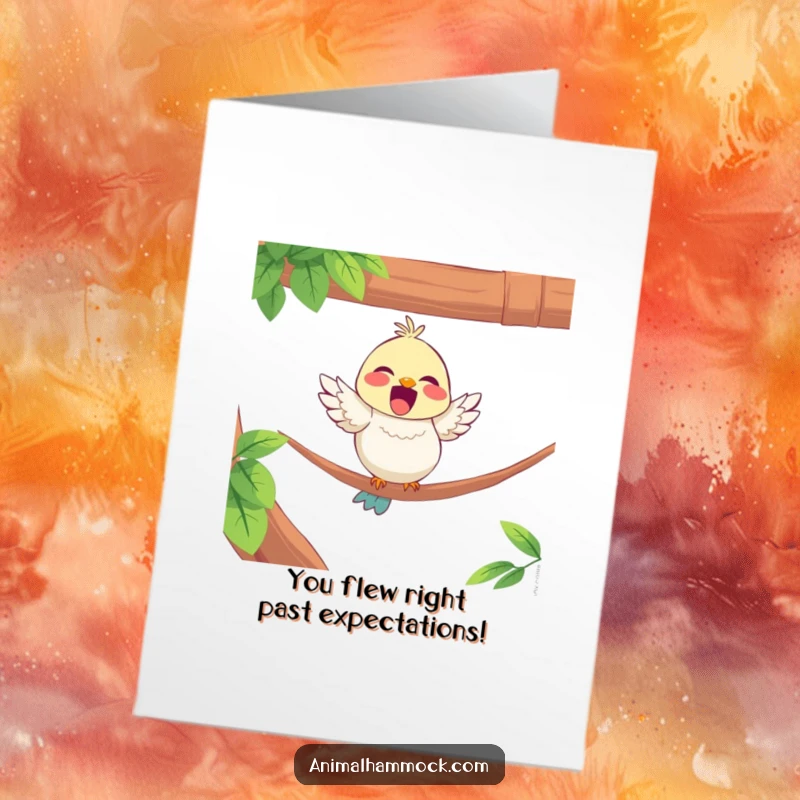 Funny Free Printable Congrats Card: Delighted bird perching on a hammock edge, offering cheerful and humorous congratulations.
