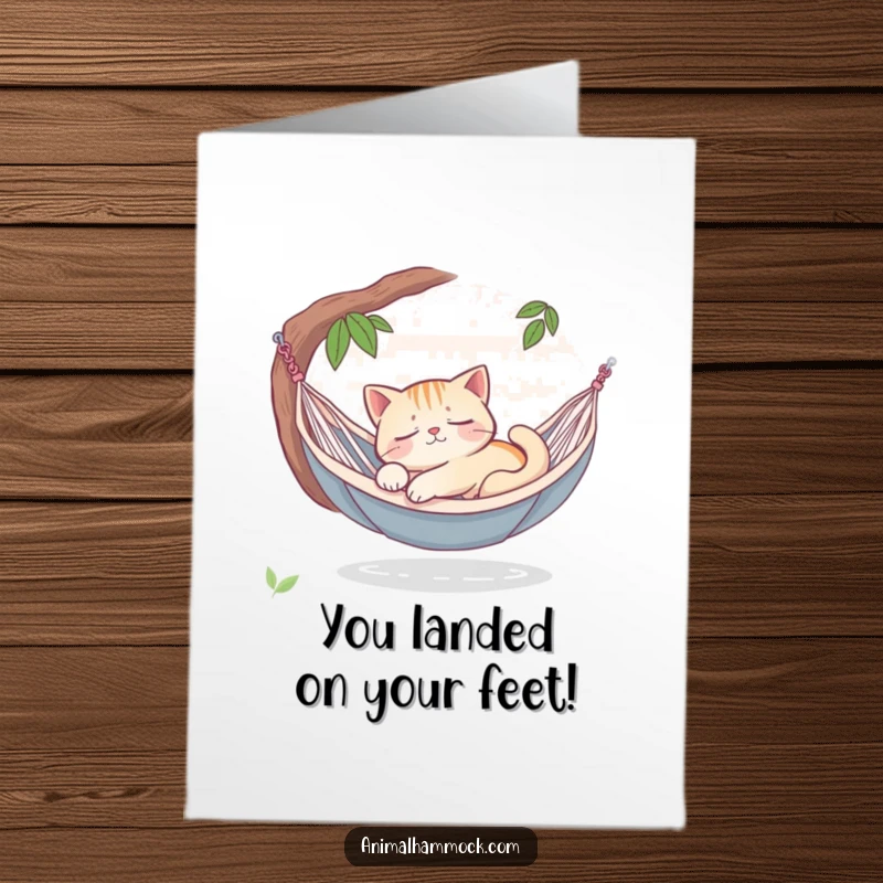 Funny Free Printable Congratulations Card: A sleepy cat dreaming peacefully in a hammock oasis, celebrating success with serene, humorous contentment.