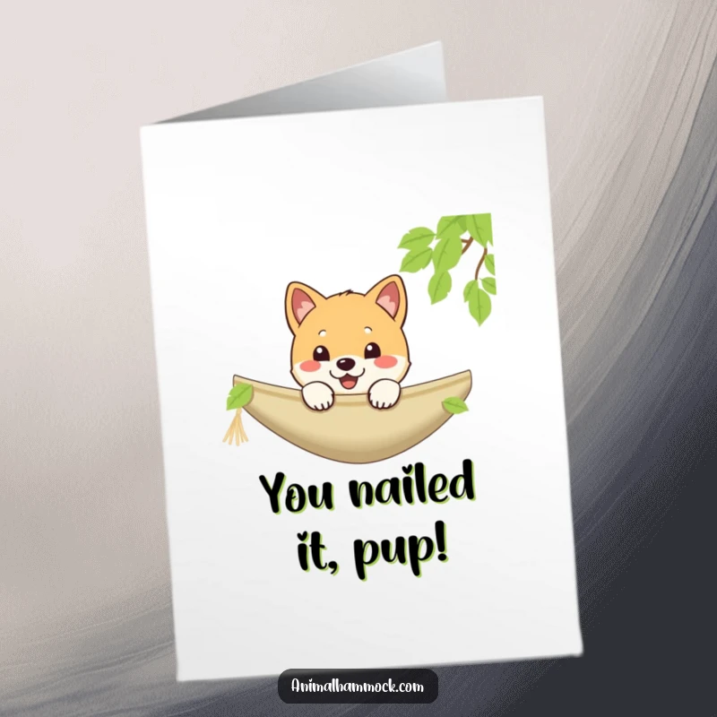 Funny Free Printable Congrats Card: A playful Shiba puppy cheerfully peeking over the edge of a cozy hammock.