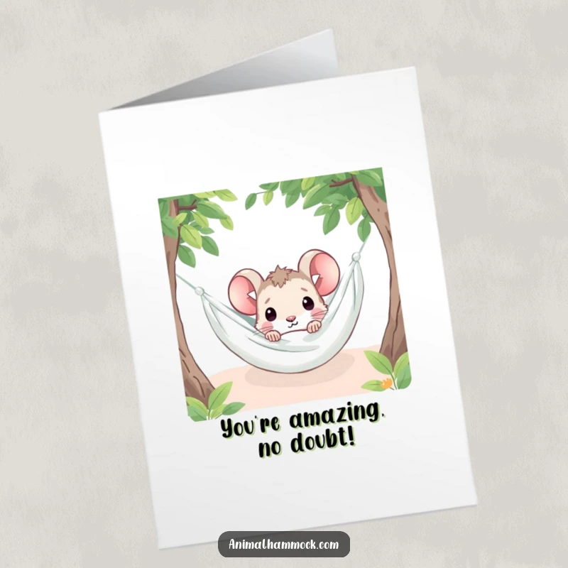 Funny Free Printable Congratulations Card: Small mouse curiously peeking from beneath a hammock blanket, a humorous downloadable greeting.