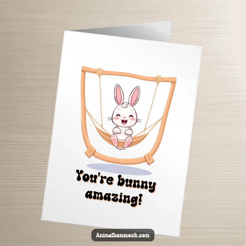 Funny Free Printable Congratulations Card: A lively bunny happily swinging in a hammock, perfect for celebrating big moments.
