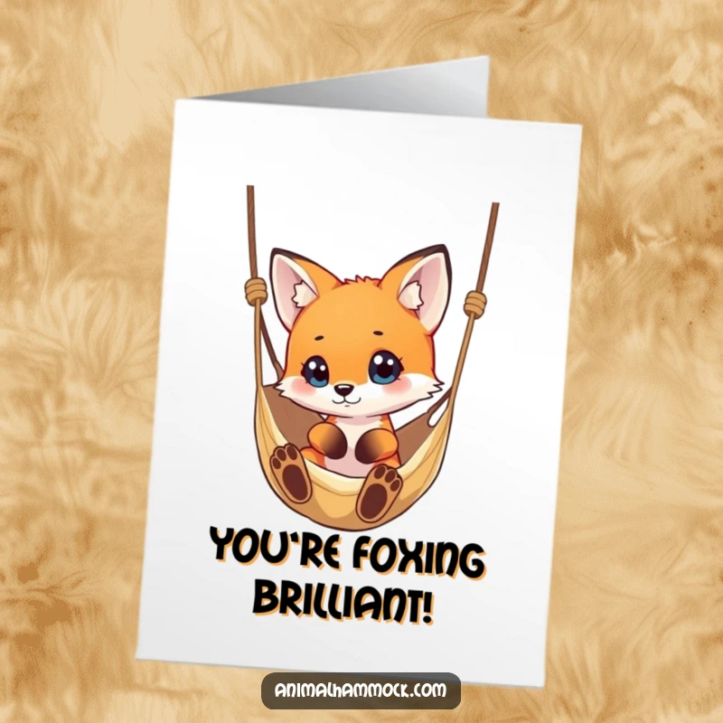 Funny Free Printable Congratulations Card: A small fox gazing with curiosity at an inviting hammock, ideal for congratulations.