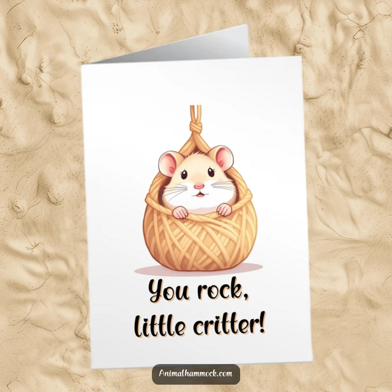 Funny Free Printable Congrats Card: A curious hamster peeking from its tiny, handcrafted yarn hammock.