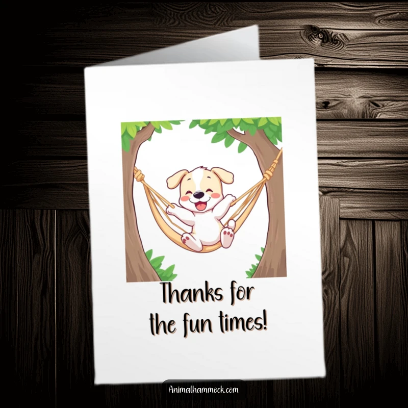 Funny Free Printable Thank You Card featuring a puppy bouncing in a hammock, conveying energetic gratitude.