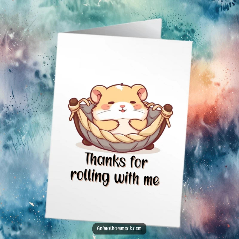Funny Free Printable Thank You Card: A contented hamster rolling in a miniature hammock, sending heartfelt thanks with a playful, happy vibe.
