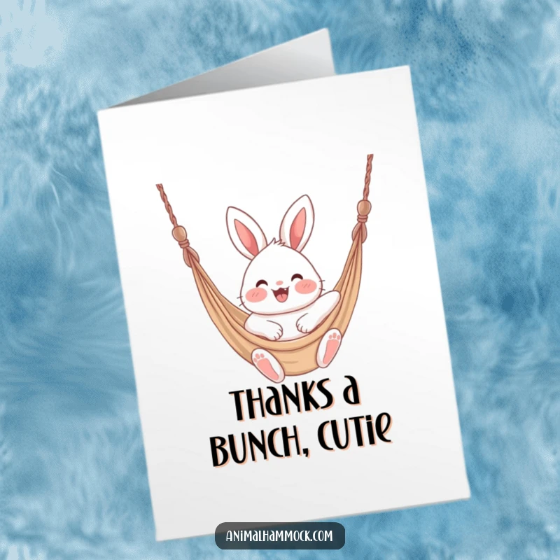 Funny Free Printable Thank You Card: Fluffy bunny with rosy cheeks enjoying a swing in a hammock.