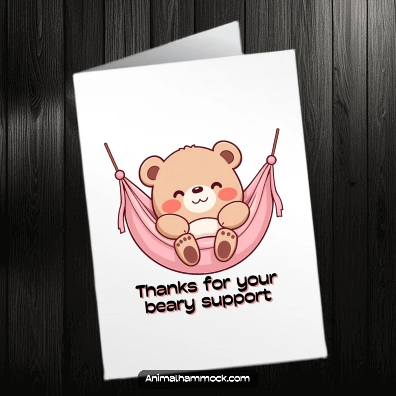 Funny Free Printable Thank You Card: Content bear sinking into a plush hammock with a smile, looking utterly peaceful.