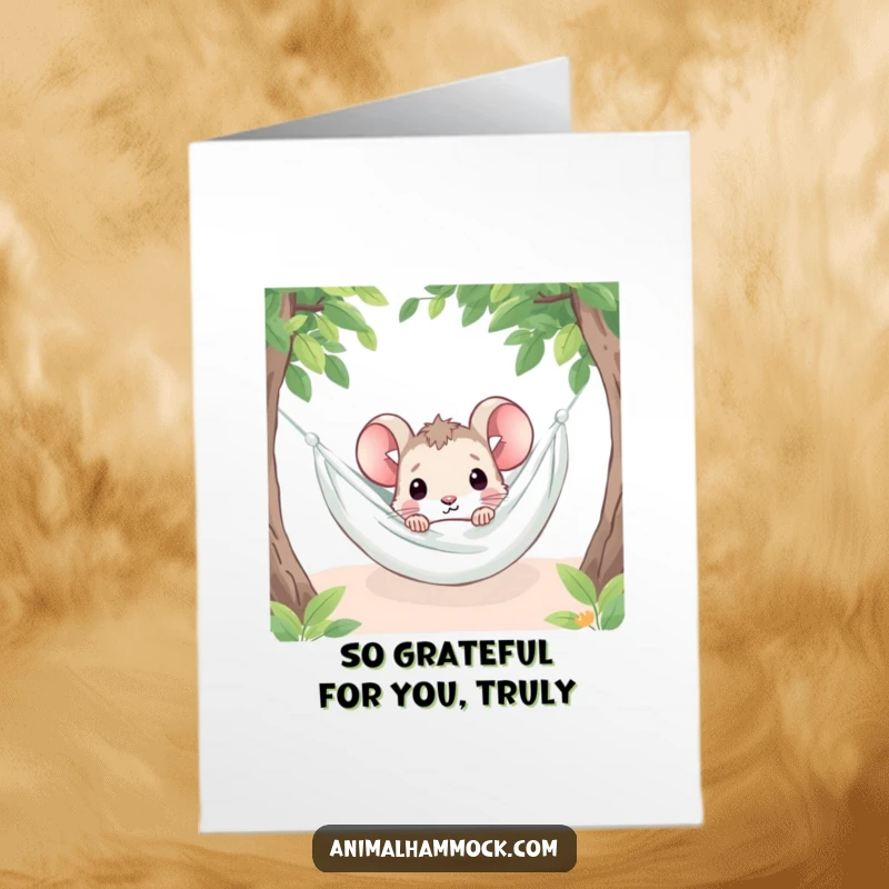 Funny Free Printable Thank You Card: A curious mouse peeking out from under a hammock blanket, humorous downloadable greeting.
