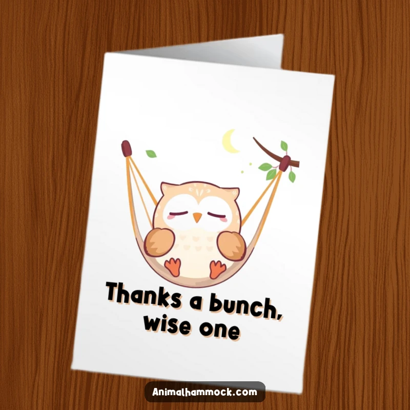 Funny Free Printable Thank You Card: A round owl peacefully dreaming while floating in a hammock, humorous downloadable greeting.