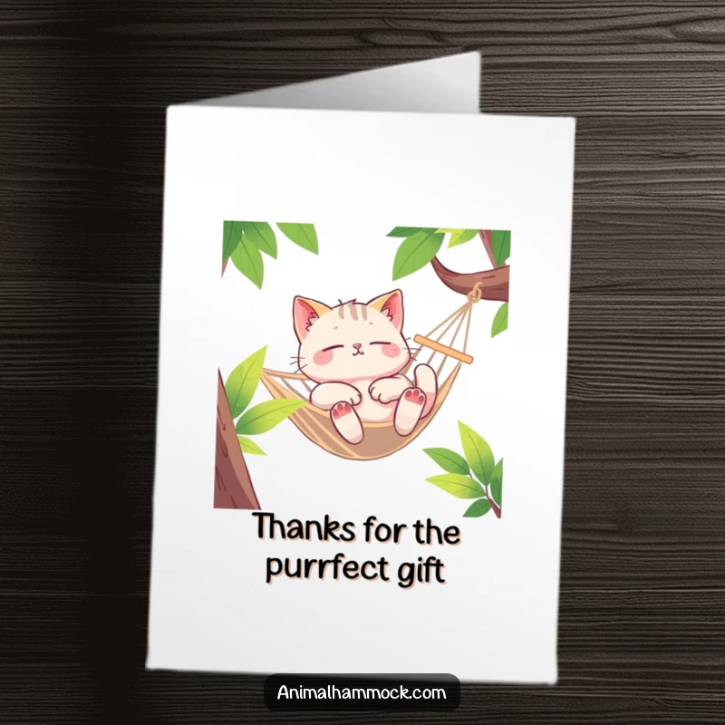 Funny Free Printable Thank You Card: Euphoric cat lounging deeply in a swaying hammock, expressing contentment.