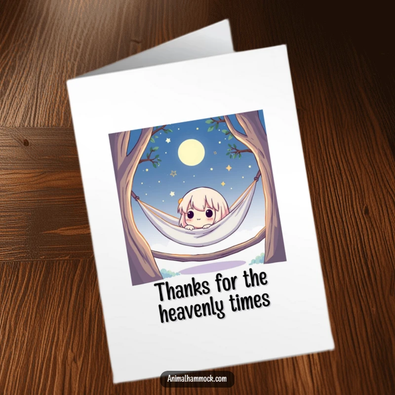 Funny Free Printable Thank You Card: Cute character enjoying a peaceful moment in a hammock, feeling grateful.