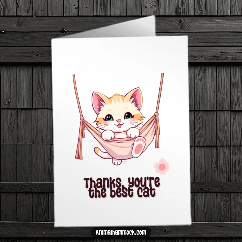 Funny Free Printable Thank You Card: A kitten gleefully dangling from a hammock, offering playful thanks.