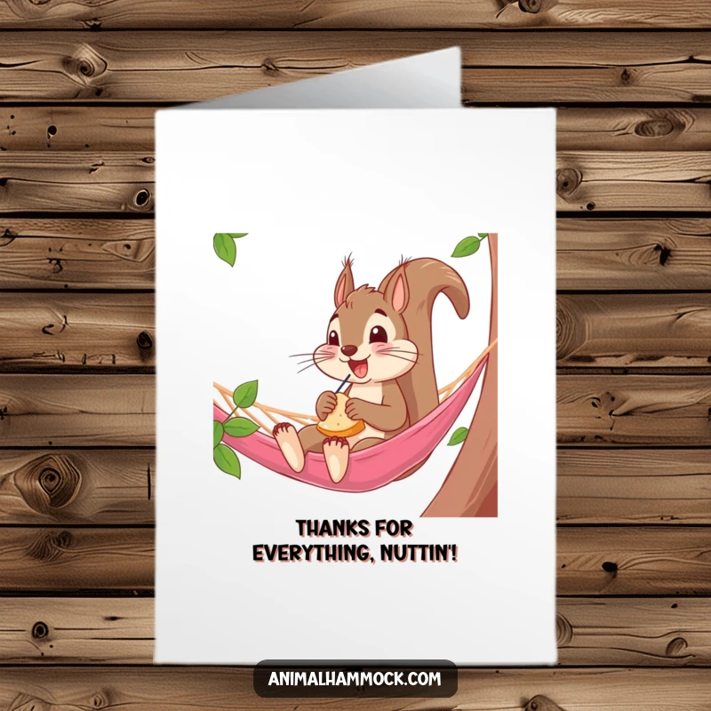 Funny Free Printable Thank You Card with an excited squirrel happily snacking in a hammock, offering thanks.