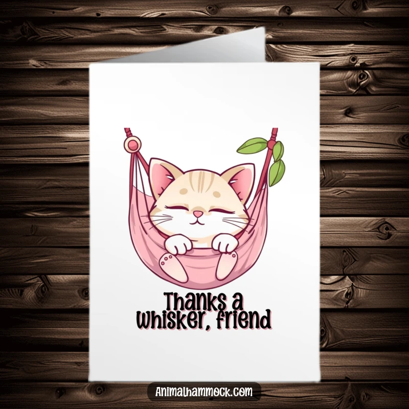 Funny Free Printable Thank You Card: Round cat snoozing deeply in a hammock, total relaxation.