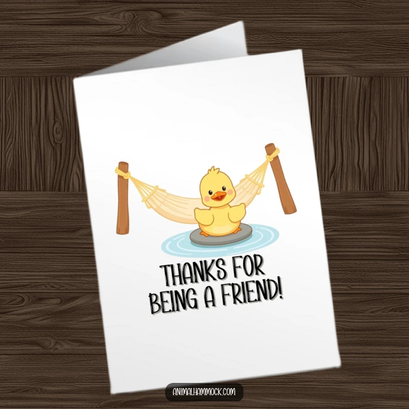 Funny Free Printable Thank You Card with a playful duckling happily paddling near a hammock, conveying thanks.