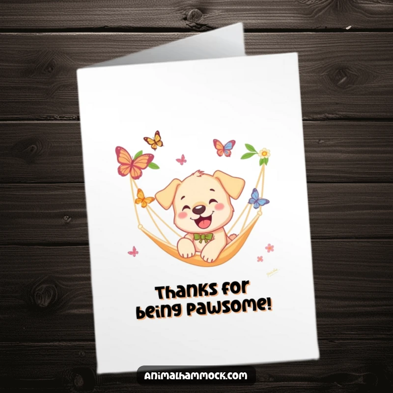 Funny Free Printable Thank You Card depicting a smiling puppy joyfully chasing butterflies from its hammock perch.