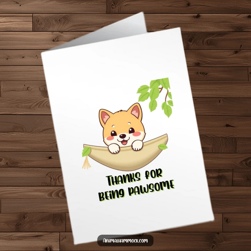 Funny Free Printable Thank You Card: A cheerful Shiba puppy peeking adorably over the edge of a hammock.