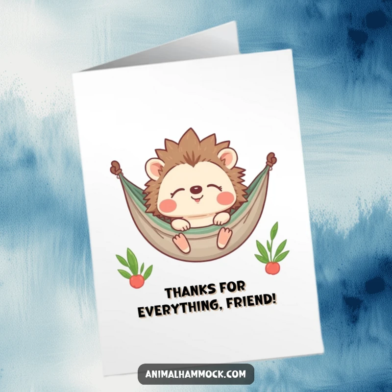 Funny Free Printable Hedgehog Thank You Card: Contented hedgehog smiling with closed eyes in a hammock, a thank you with peace.