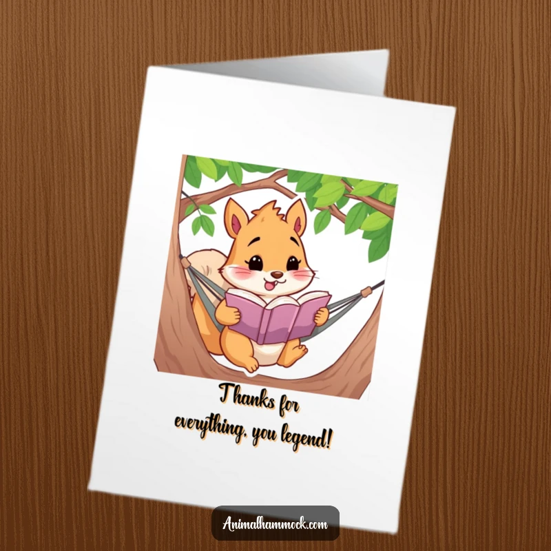 Funny Free Printable Thank You Card: Squirrel engrossed in a book in a hammock, a humorous downloadable greeting.