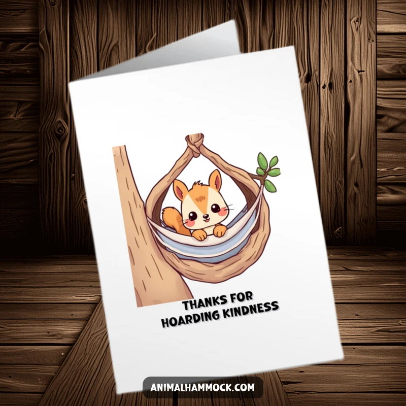 Funny Free Printable Thank You Card: A curious squirrel peeking with intrigue from its cozy nest hammock, conveying thanks.