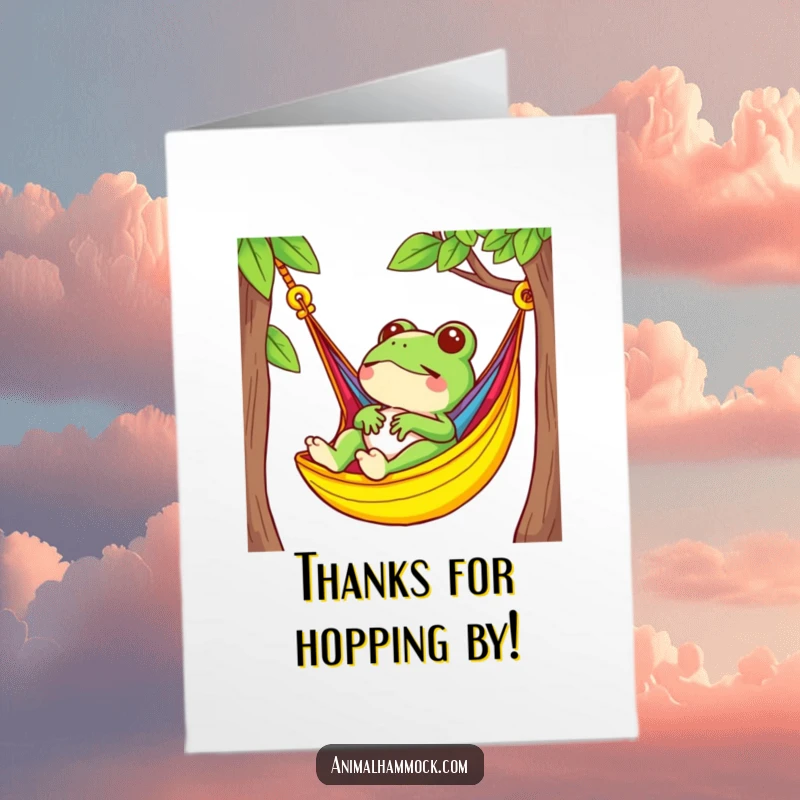 Funny Free Printable Thank You Card: Small frog chilling serenely in a colorful hammock, humorous downloadable greeting.