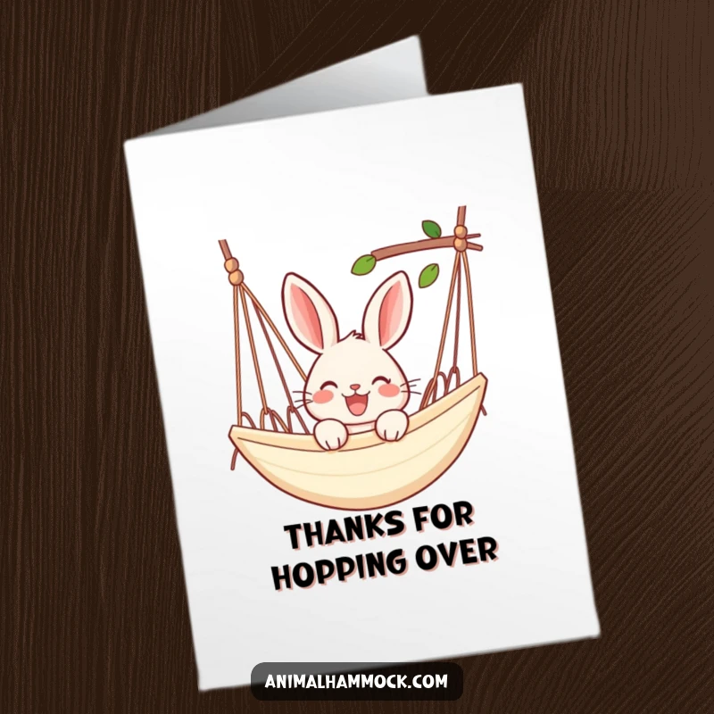 Funny Free Printable Thank You Card: A joyful rabbit peeking over a hammock, conveying thanks.