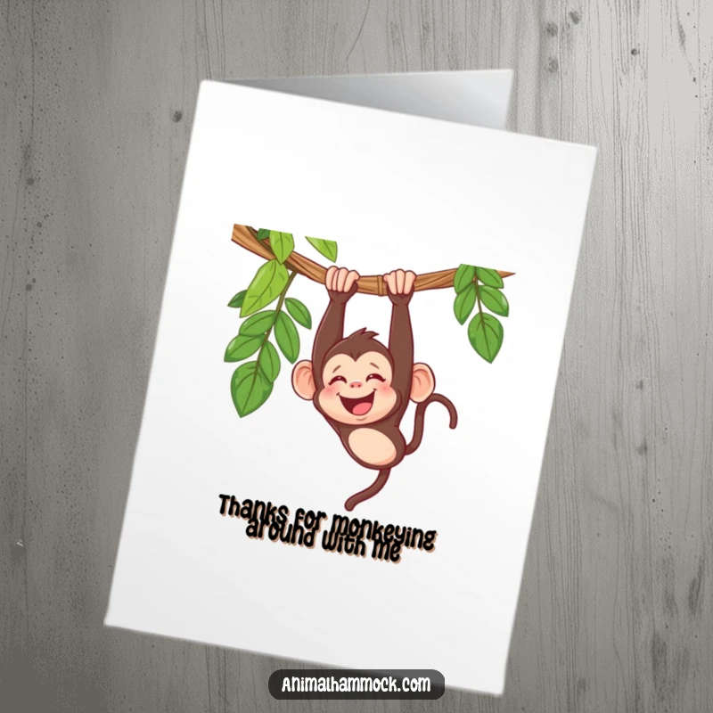 Funny Free Printable Thank You Card: Giggling monkey enjoying a hammock upside down, sending humorous gratitude with a splash of playful silliness.