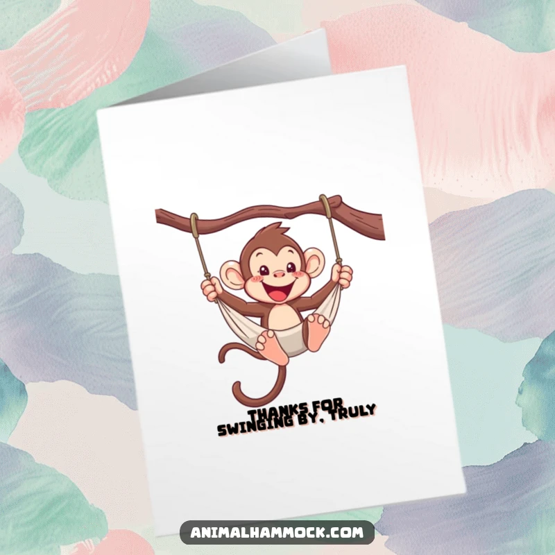 Funny Free Printable Thank You Card: Energetic monkey swinging in a hammock, a playful and humorous way to express thanks.