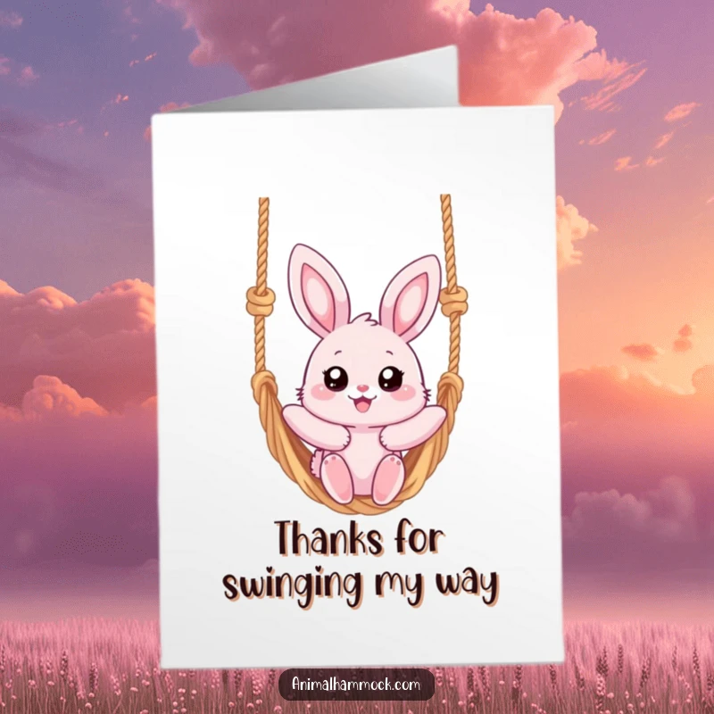 Funny Free Printable Thank You Card: Fluffy pink bunny with big eyes swinging on a hammock. Downloadable, sweet greeting.