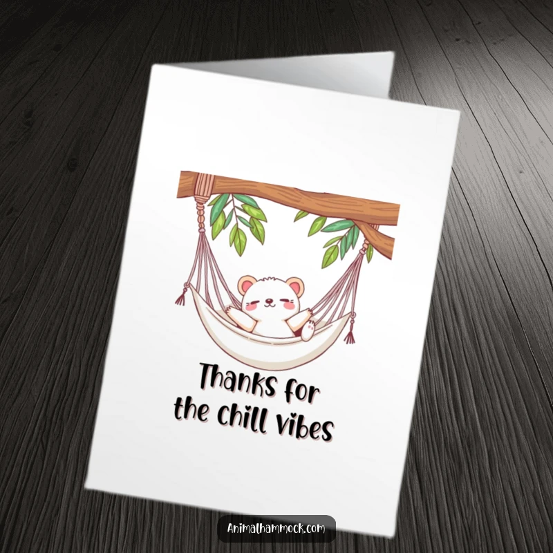 Funny Free Printable Thank You Card: A cute animal luxuriating in a hammock, stretching out with maximum comfort and relaxation.