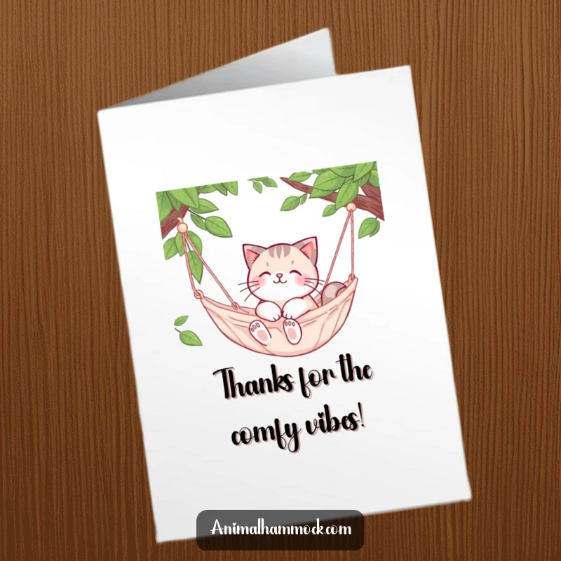Funny Free Printable Thank You Card: A cute cat lounges happily in a hammock, sending thanks in a relaxed manner.
