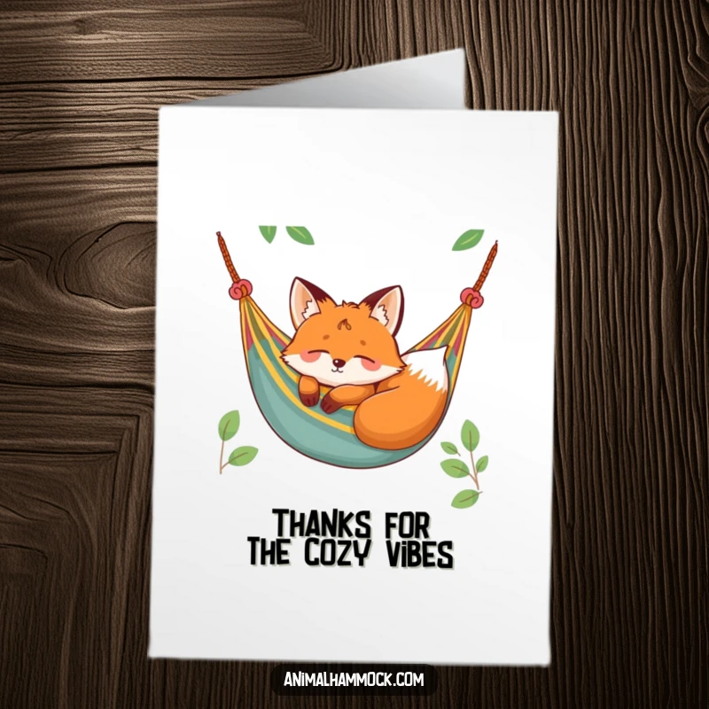 Funny Free Printable Thank You Card: Cheerful fox enjoying a peaceful nap in a colorful hammock, expressing gratitude with serene charm.