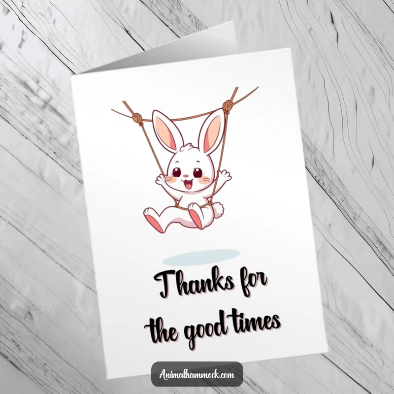 Funny Free Printable Thank You Card: A playful bunny dangling from a hammock, its legs kicking with glee, expressing thanks.
