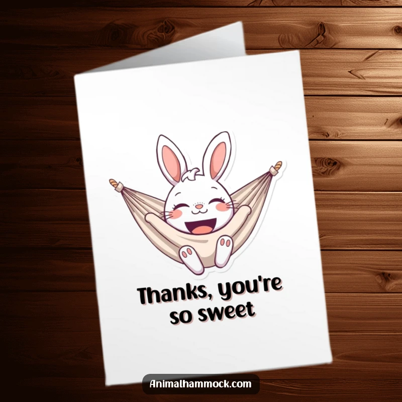 Funny Free Printable Thank You Card: A delighted bunny smiling broadly in a hammock, conveying heartfelt thanks joyfully.