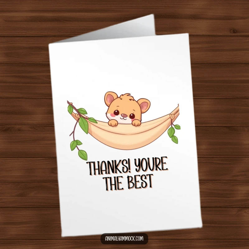Funny Free Printable Thank You Card: A playful animal peeking out from a hammock, sending thanks with a cheeky expression.