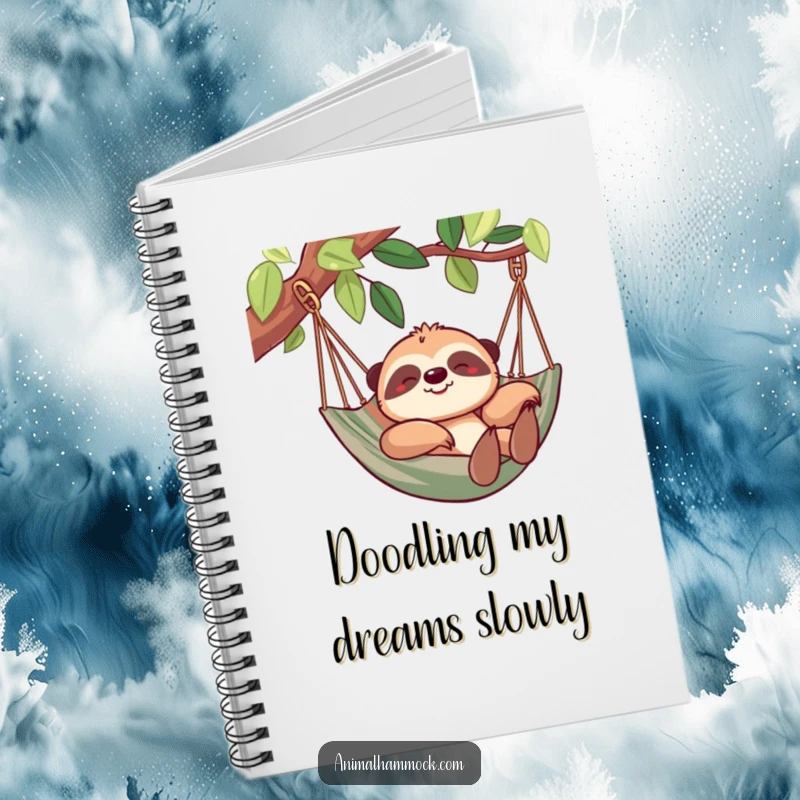 Funny sloth notebook featuring a cheerful sloth relaxing in a hammock, perfect for slow and steady note-taking. A humorous and practical item.