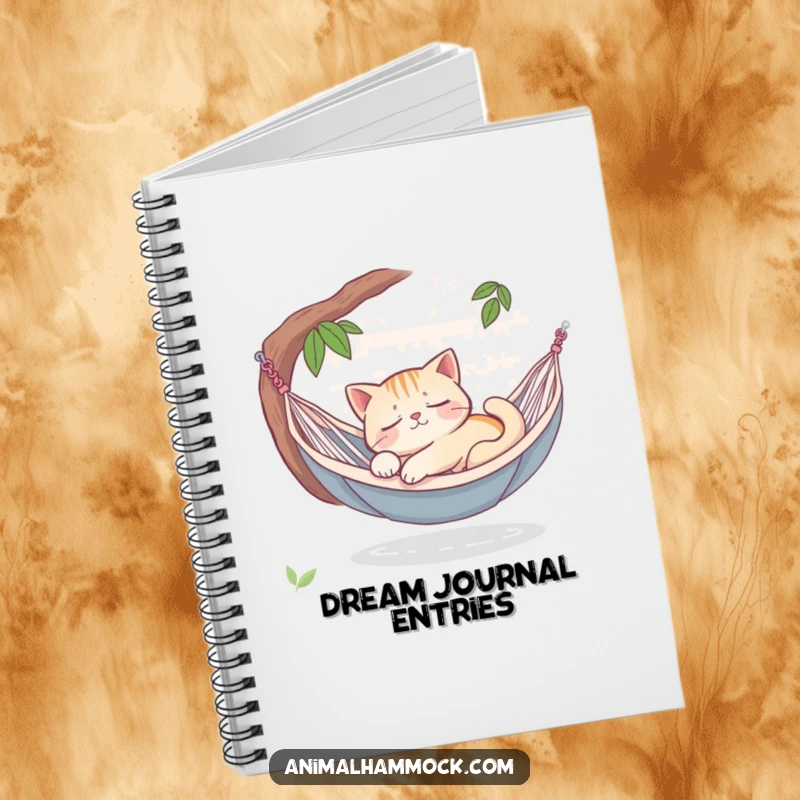 Funny sleepy cat dreaming peacefully in a hammock oasis, printed on a notebook cover, inspiring peaceful thoughts and offering a humorous touch.