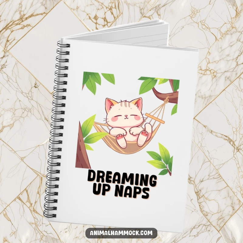 Funny Cat Notebook, a euphoric cat character lounging deeply in a swaying hammock, ideal for journaling dreams and ideas.