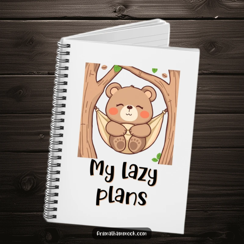 Funny bear notebook featuring a happy bear snuggled in a hammock, eyes closed, for writing relaxing and humorous notes.